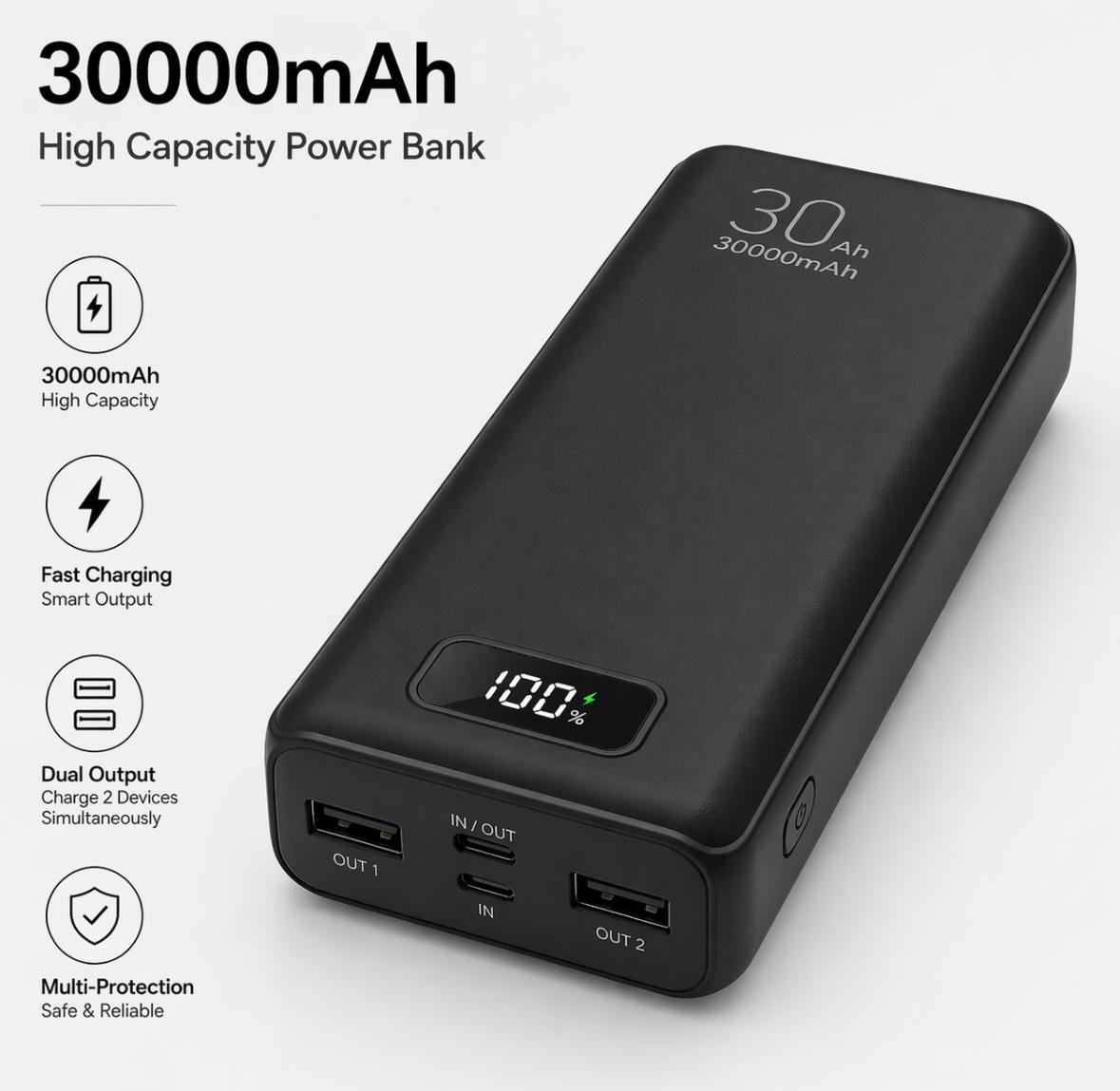 Large Capacity Digital Display Power Bank – Fast Charging with Built-In Cables