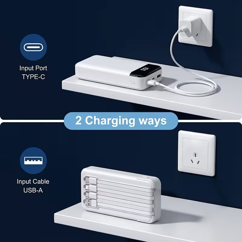 Large Capacity Digital Display Power Bank – Fast Charging with Built-In Cables