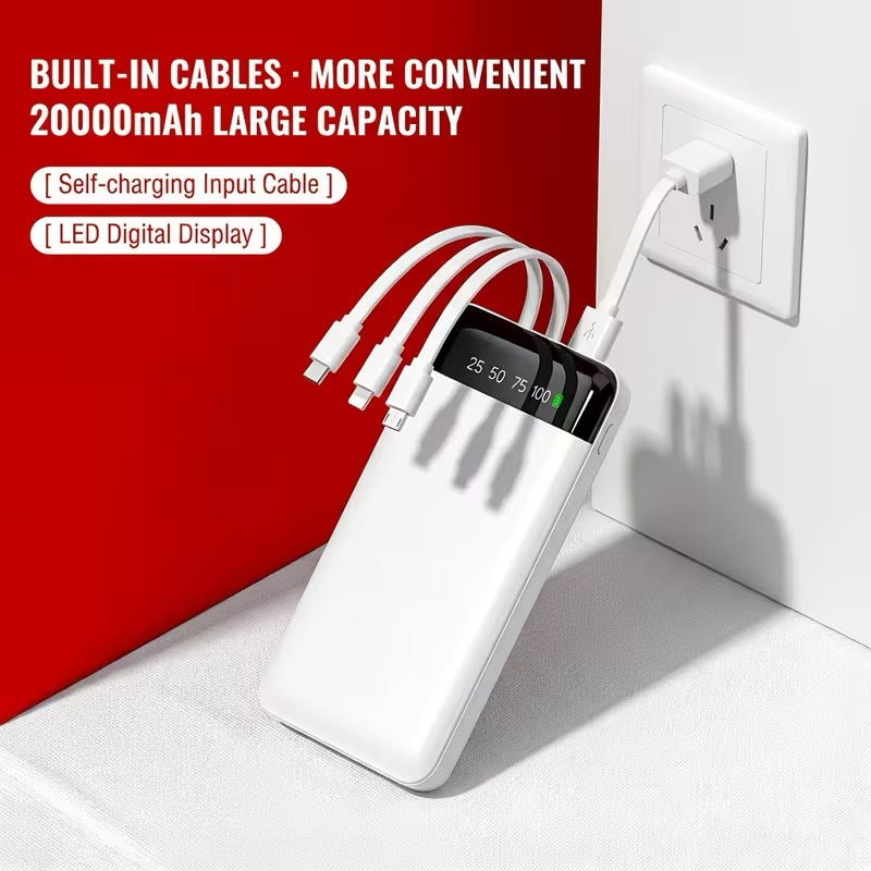 Large Capacity Digital Display Power Bank – Fast Charging with Built-In Cables