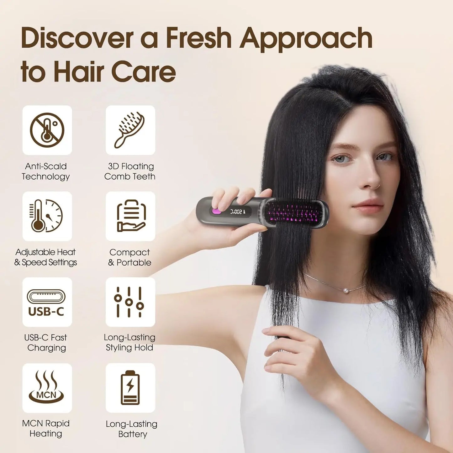 Cordless Hair Straightening Brush With LCD Display