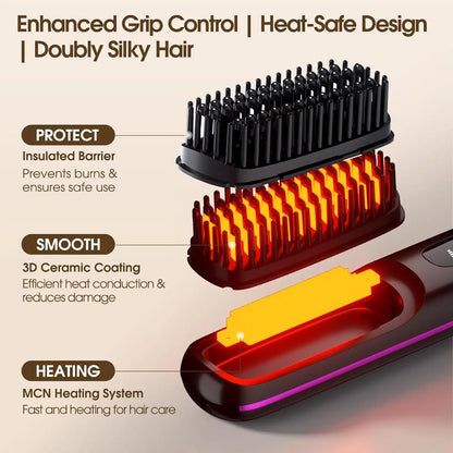 Cordless Hair Straightening Brush With LCD Display