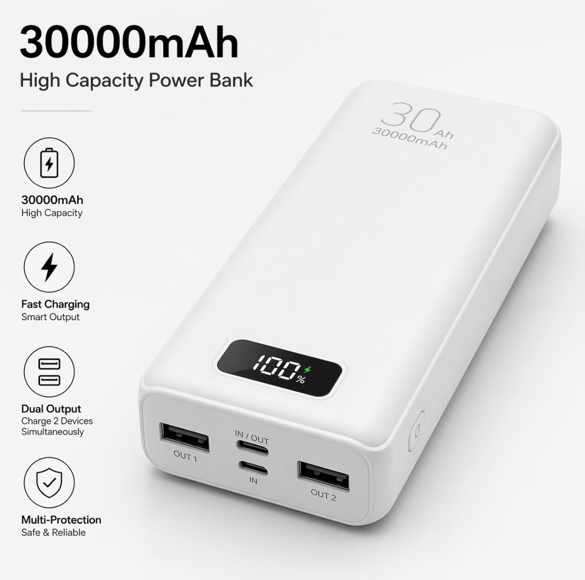 Large Capacity Digital Display Power Bank – Fast Charging with Built-In Cables